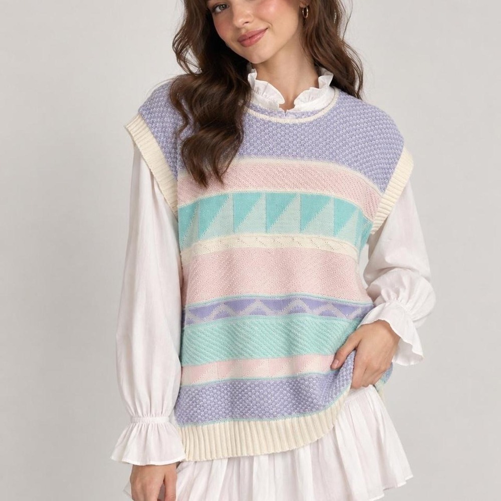 Vintage Sweater Vest Pastel Geometric Knit 80s Grandmacore Cottagecore College